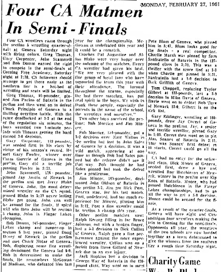 Four Canandaigua Matmen In Quarter-Finals