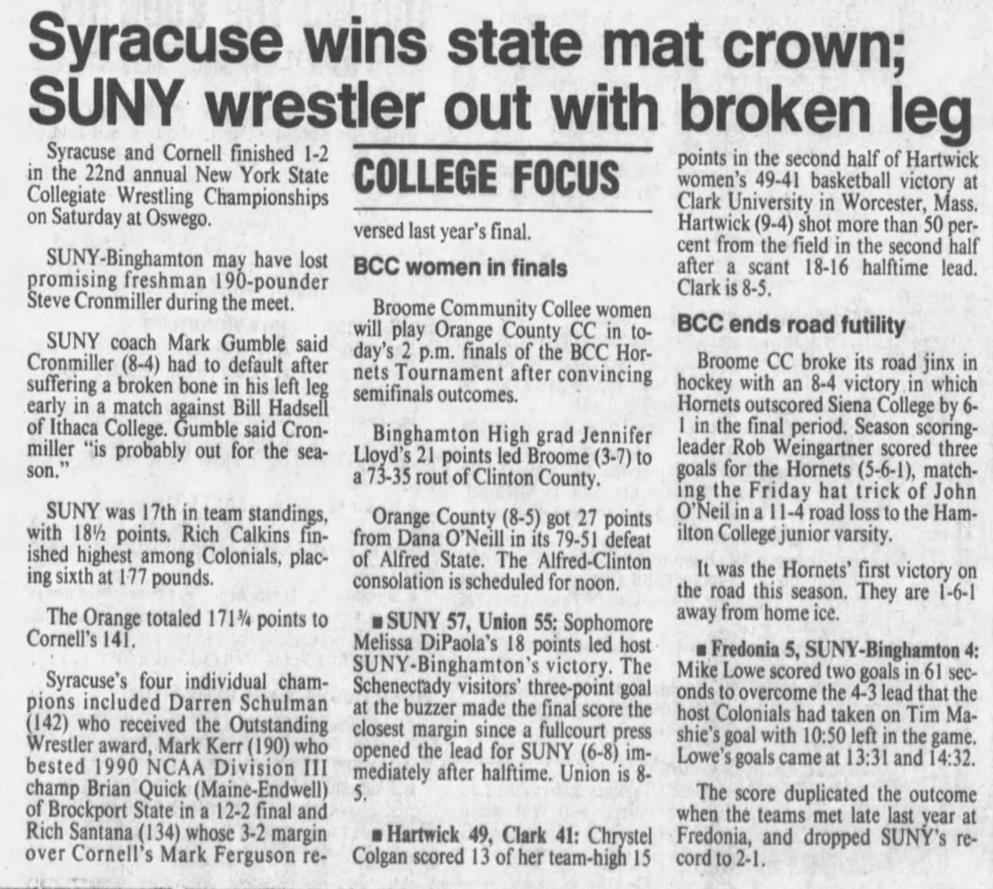Syracuse wins state mat crown; SUNY wrestler out with broken leg