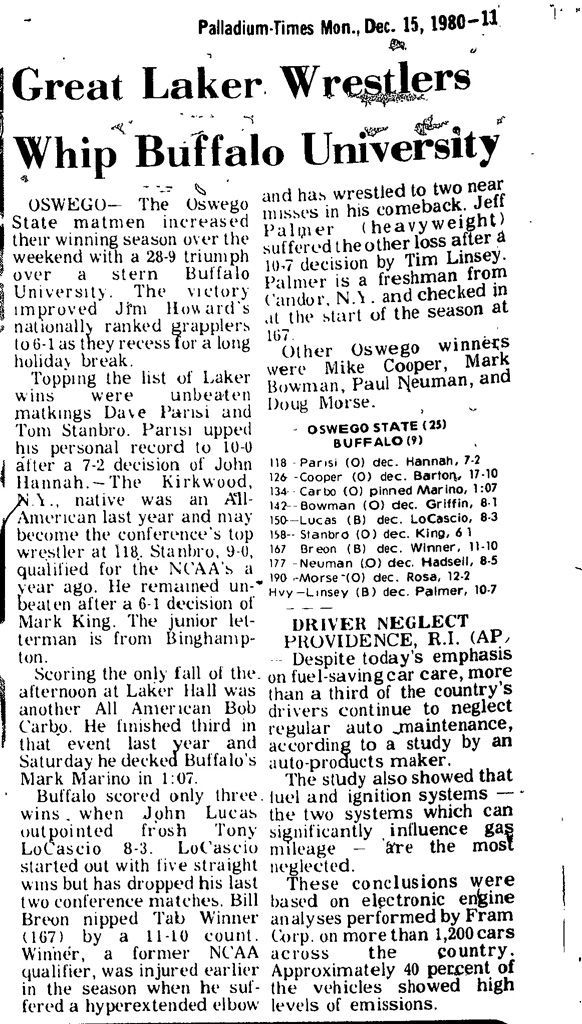 Great Laker Wrestlers Whip Buffalo University