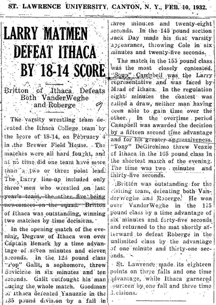 Larry Matmen Defeat Ithaca by 18-14 Score