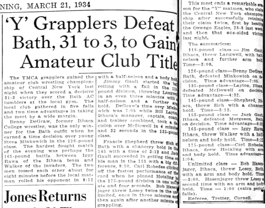 Ithaca YMCA Grapplers Defeat Bath to Gain Amateur Club Title