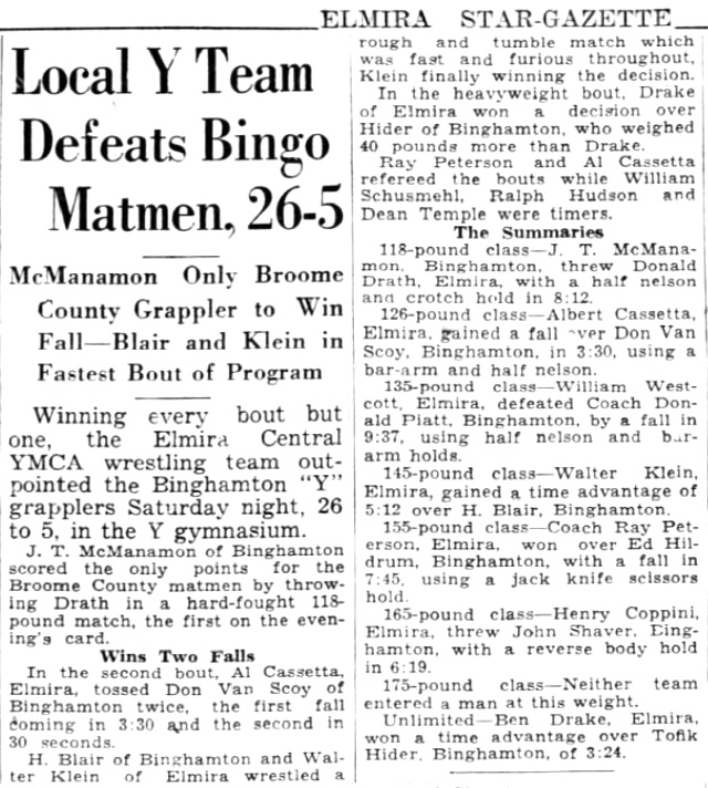 Elmira Y Team Defeats Bingo Matmen, 26-5