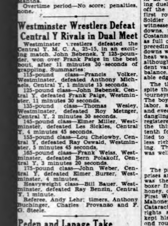 Westminter Wrestlers Defeat Central Y Rivals in Dual Meet