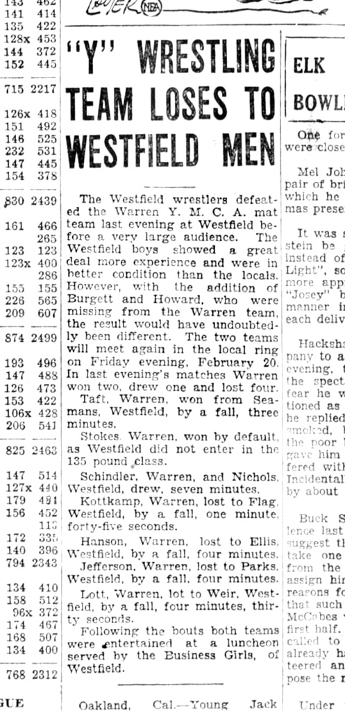 Warren Y Wrestling Team Loses to Westfield Men
