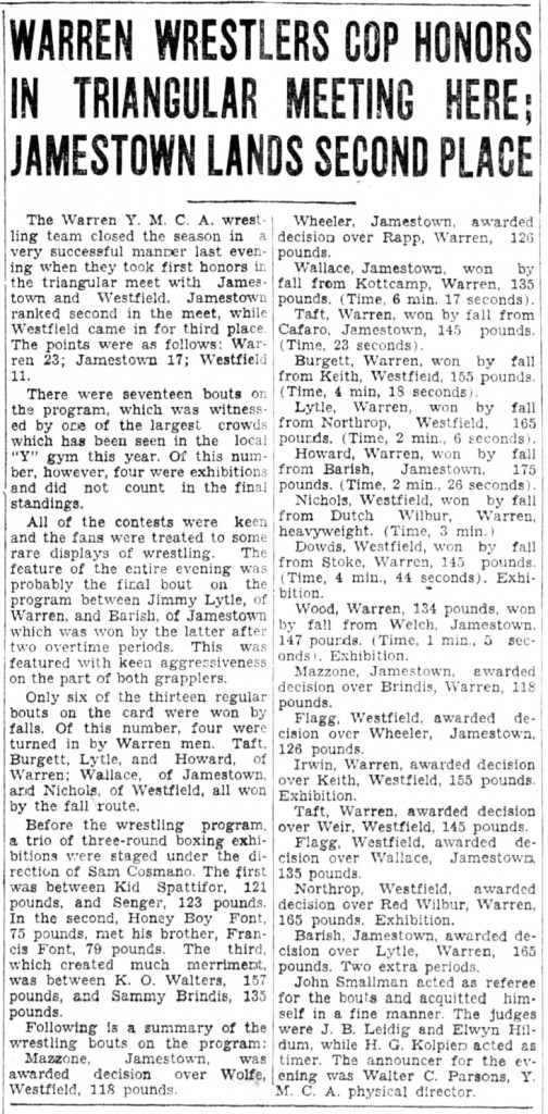 Warren Wrestlers Cop Honors in Triangular Meeting Here; Jamestown Lands Second Place