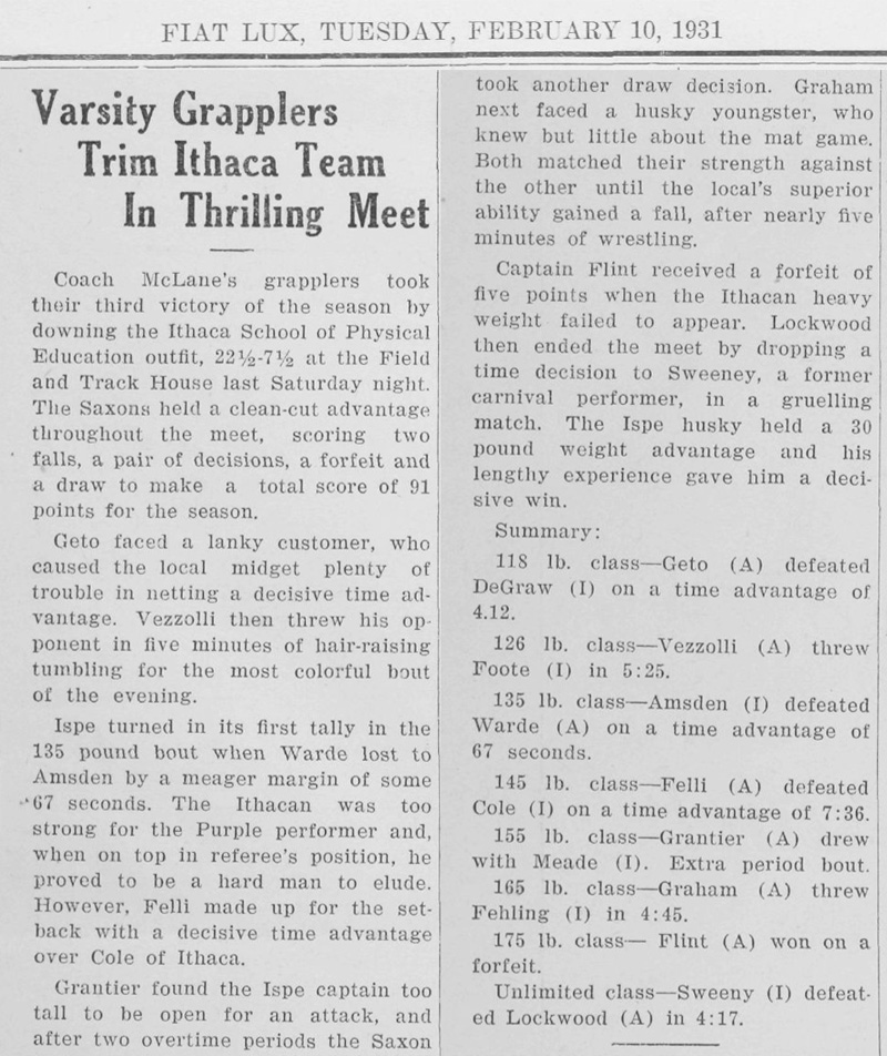 Alfred Grapplers Trim Ithaca Team In Thrilling Meet