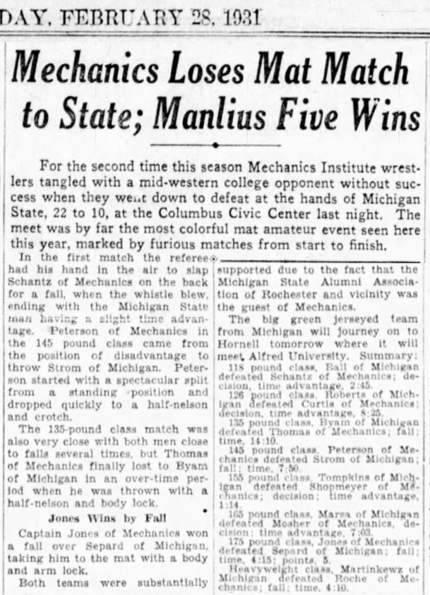 Mechanics Loses Mat Match to Michigan State