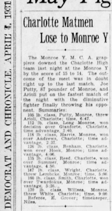 Charlotte Matmen Lose to Monroe Y