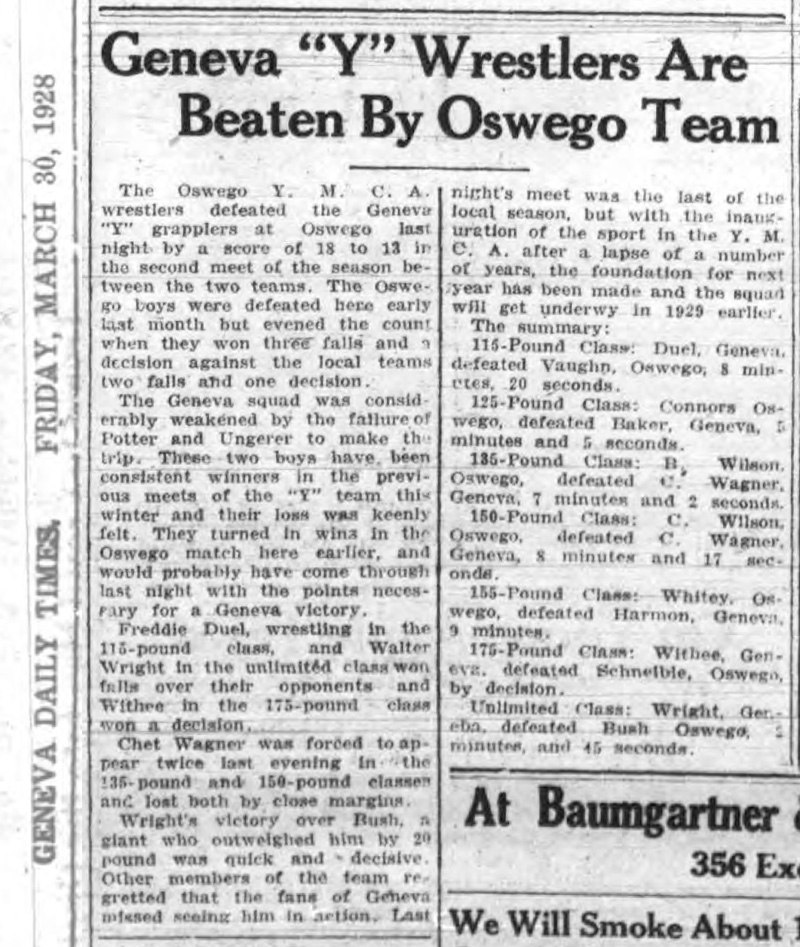 Geneva Y Wrestlers Are Beaten By Oswego Team