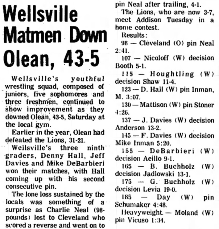 Wellsville Matmen Down Olean, 43-5