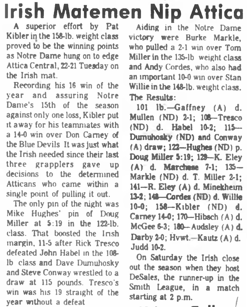 Irish Matmen Nip Attica