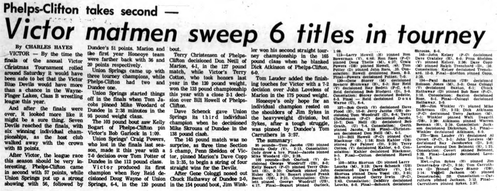 Victor matmen sweep 6 titles in tourney; Phelps-Clifton takes second