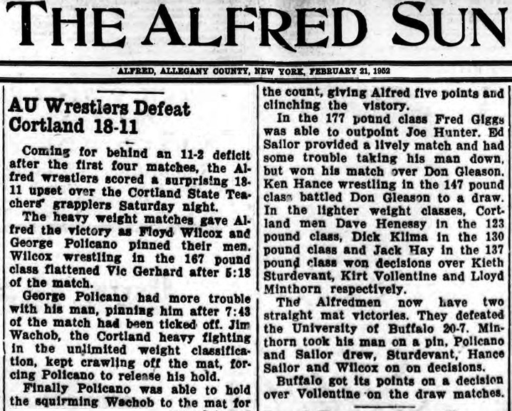 AU Wrestlers Defeat Cortland 18-11