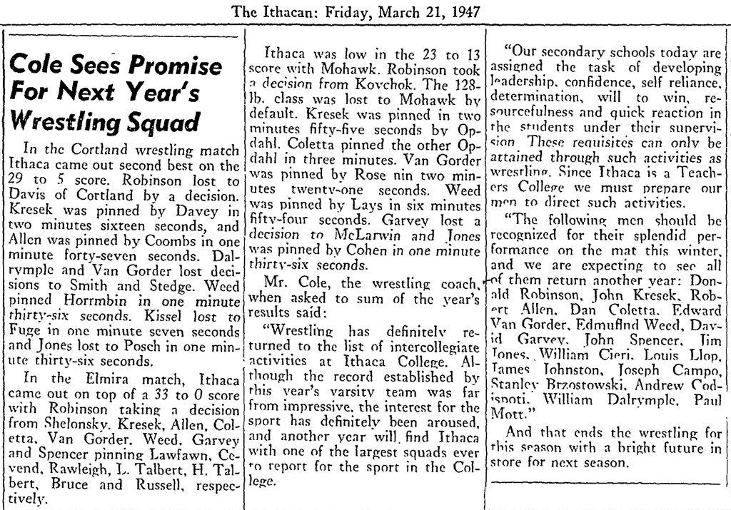 Cole Sees Promise For Next Year's Wrestling Squad