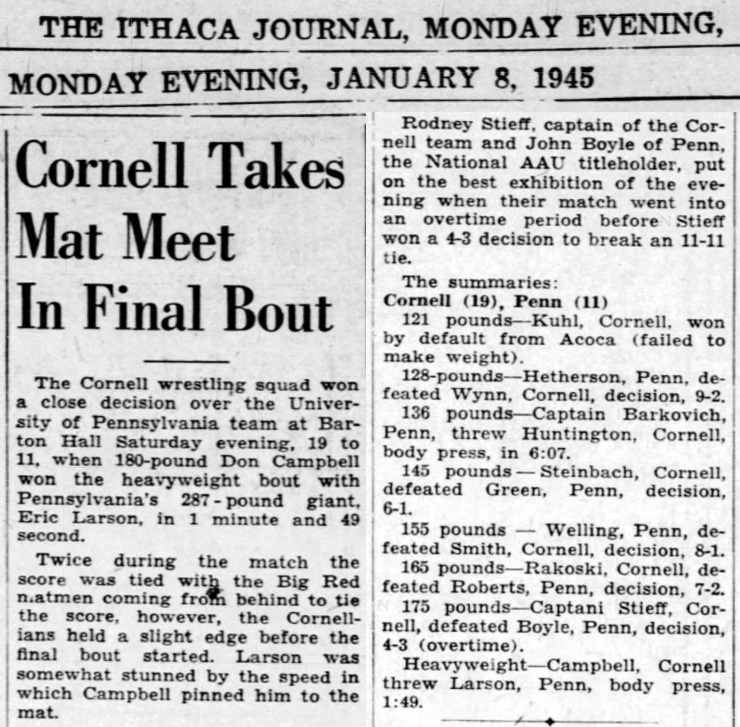 Cornell Takes Mat Meet In Final Bout