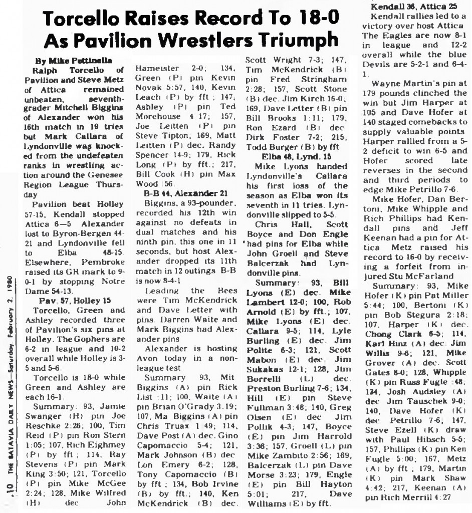 Torcello Raises Record To 18-0 As Pavilion Wrestlers Triumph