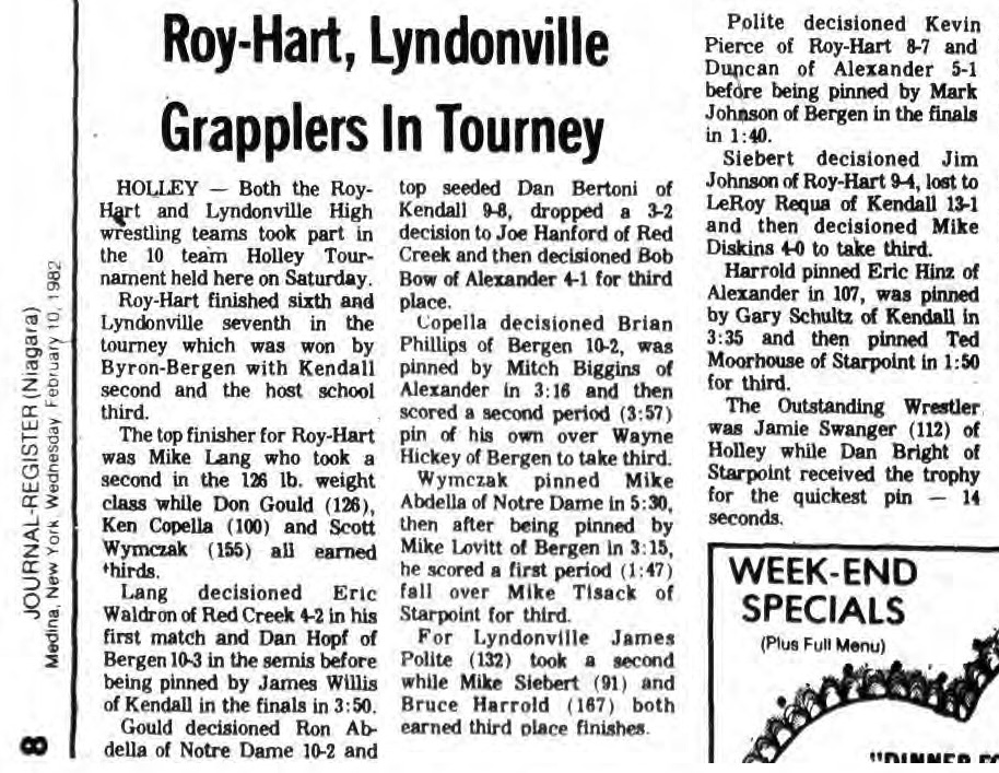 Roy-Hart, Lyndonville Grapplers In Tourney
