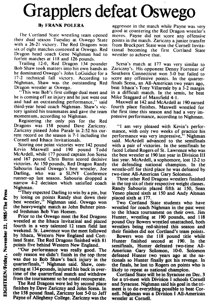 Cortland grapplers defeat Oswego