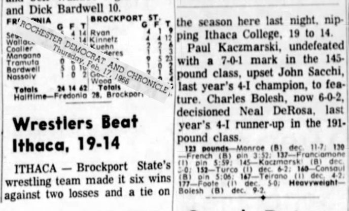 Brockport Wrestlers Beat Ithaca, 19-14