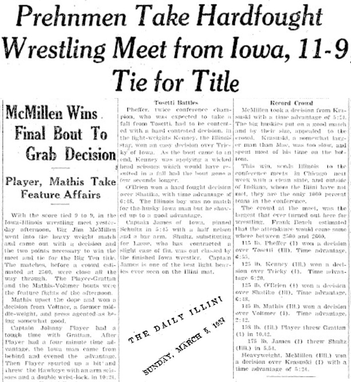 Prehmen Take Hardfought Wrestling Meet from Iowa, 11-9; Tie for Title