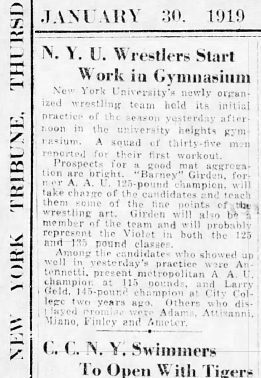 N. Y. U. Wrestlers Start Work in Gymnasium