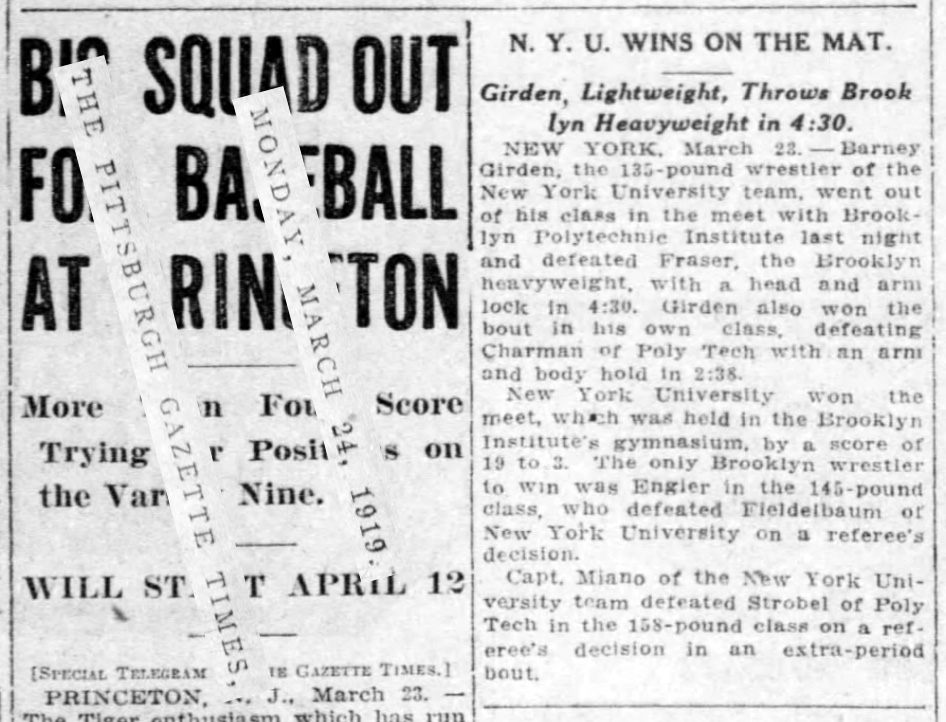 N. Y. U. Wins on the Mat