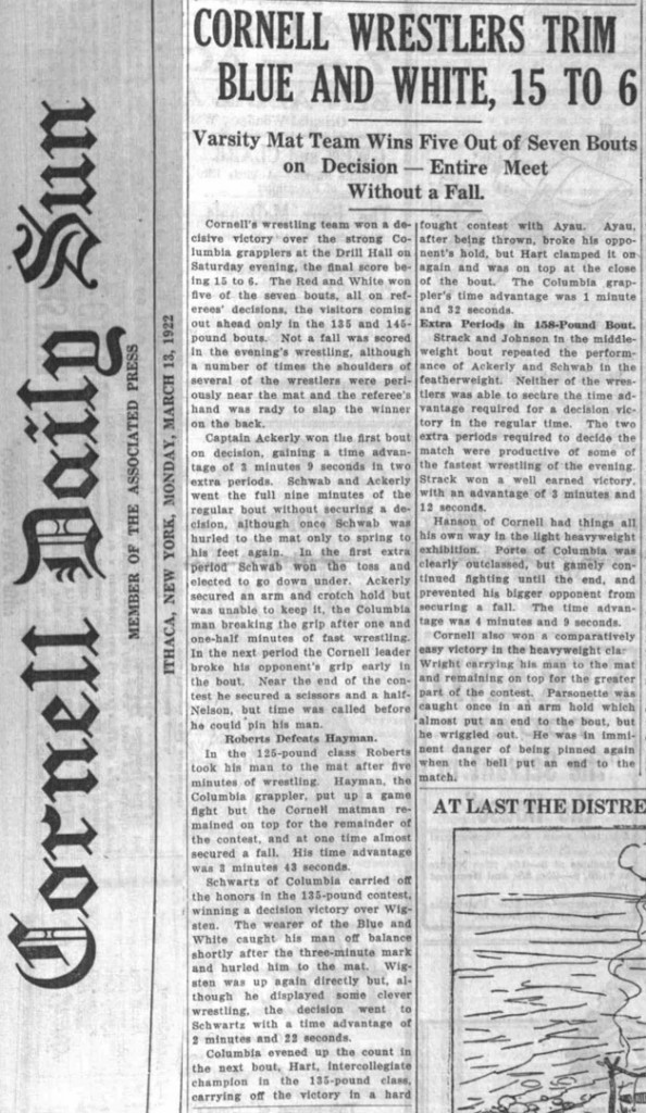 Cornell Wrestlers Trim Blue and White, 15 to 6