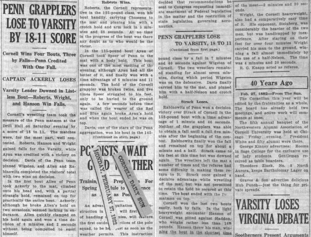 Penn Grapplers Lose To Cornell Varsity By 18-11 Score