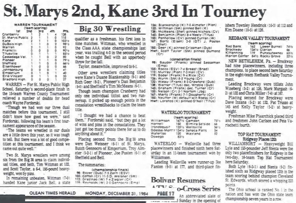 St. Marys 2nd, Kane 3rd In Tourney
