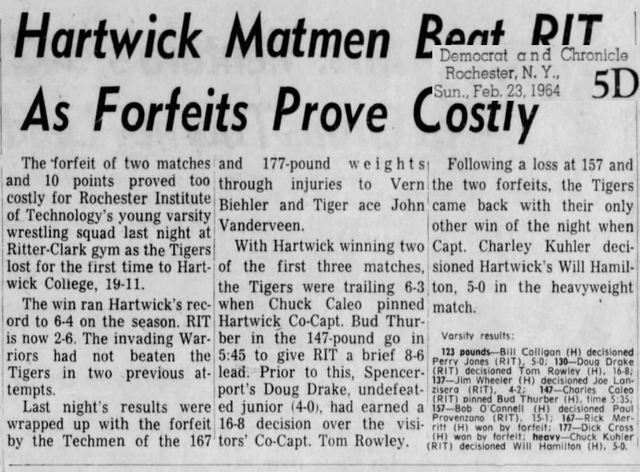 Hartwick Matmen Beat RIT As Forfeits Prove Costly