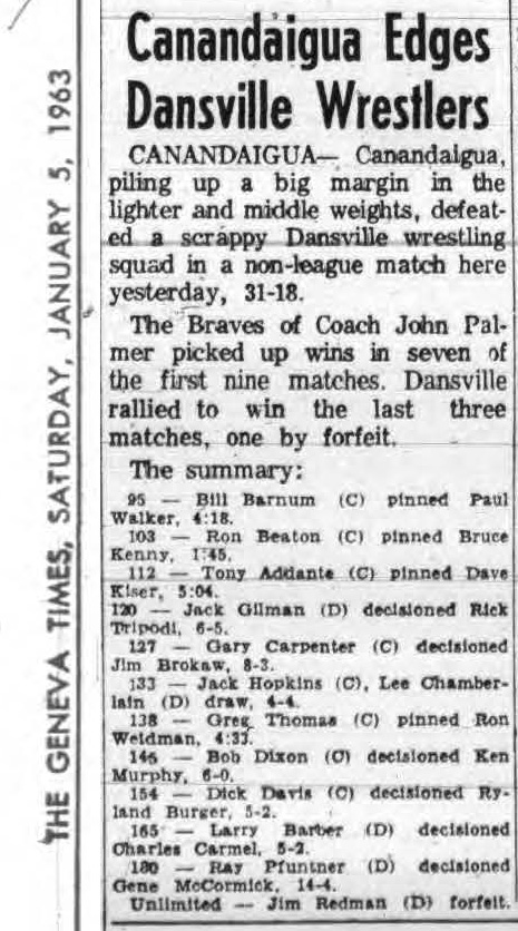 Canandaigua Edges Dansville Wrestlers