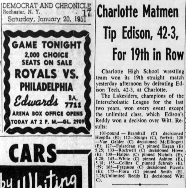 Charlotte Matmen Top Edison, 42-3, For 19th in Row