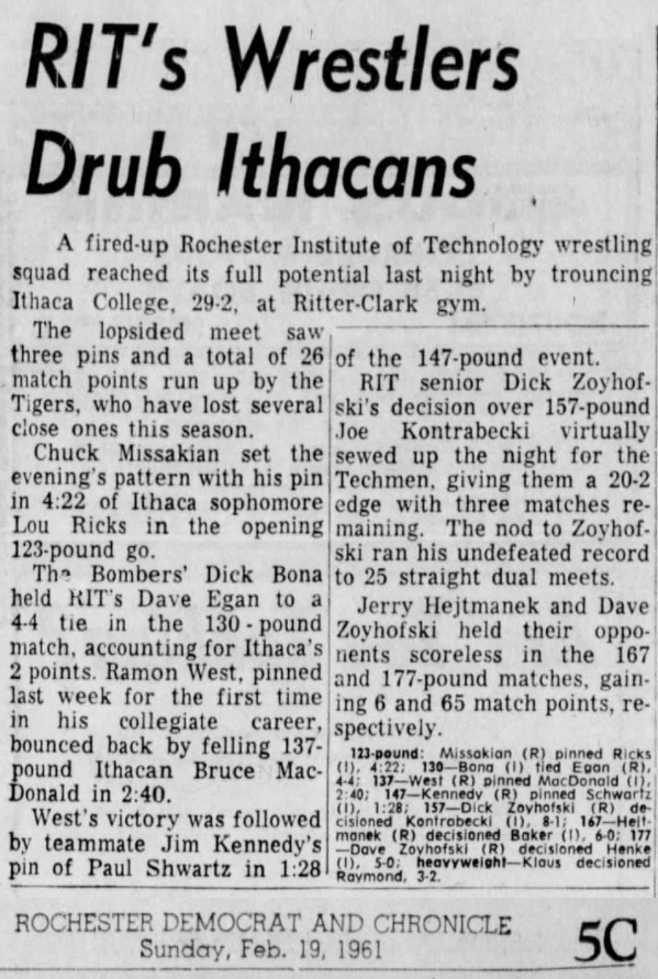 RIT's Wrestlers Drub Ithacans