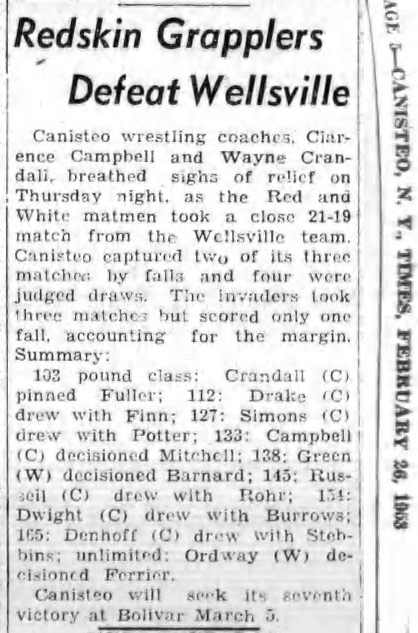 Redskin Grapplers Defeat Wellsville