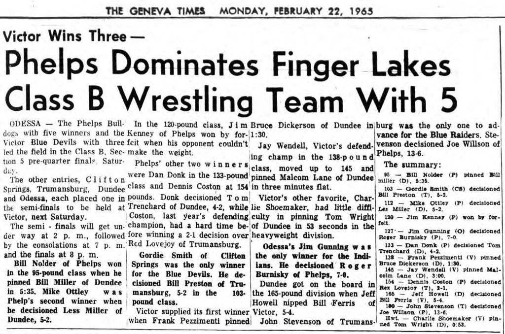 Phelps Dominates Finger Lakes Class B Wrestling Team With 5