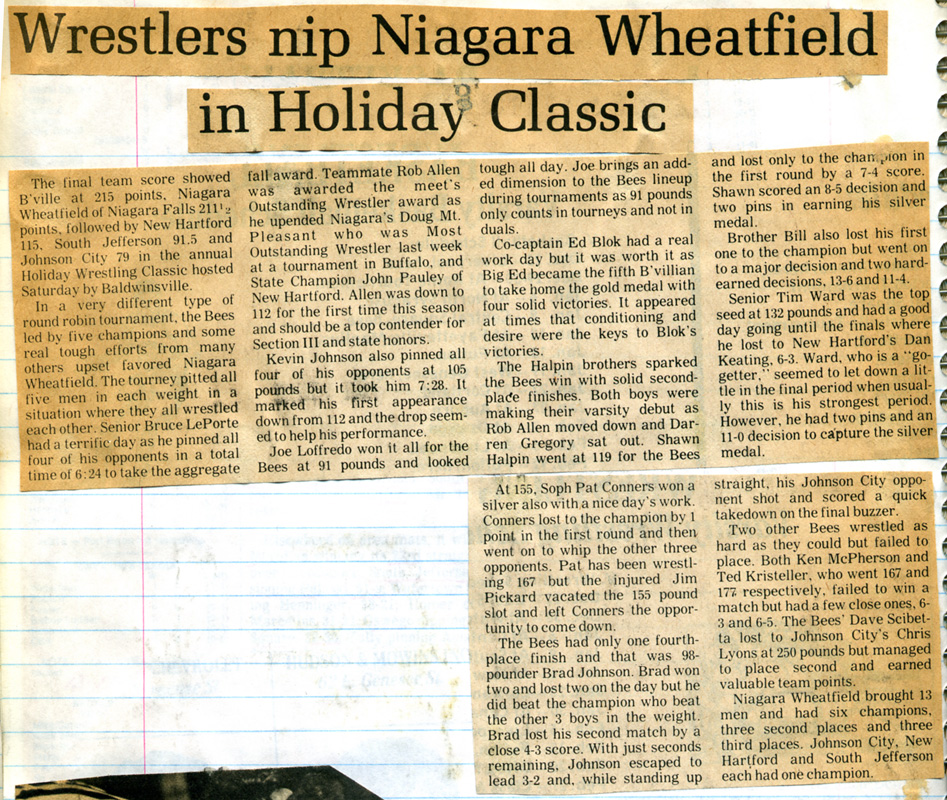 B'ville Wrestlers nip Niagara Wheatfield in Holiday Classic