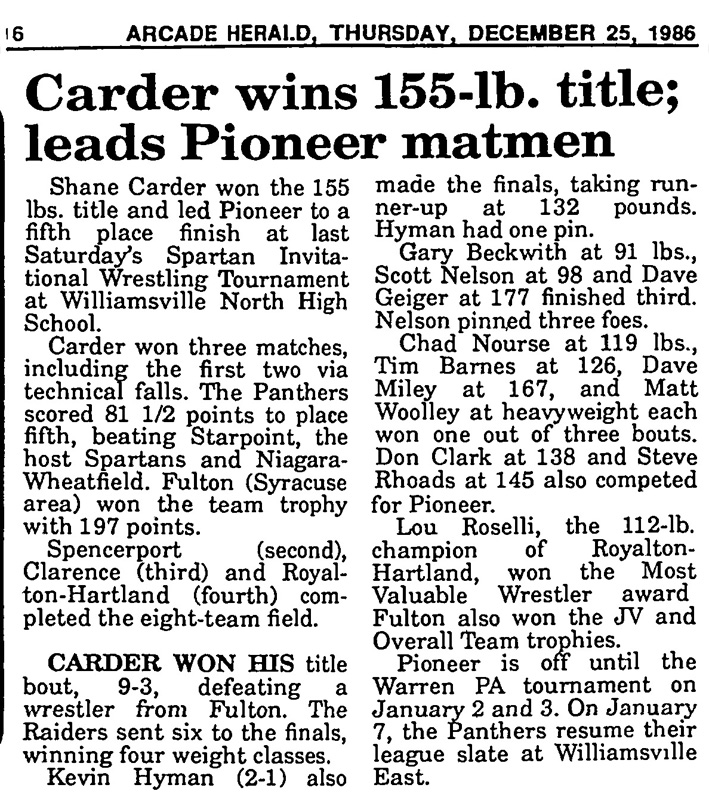 Carder wins 155-lb. title; leads Pioneer matmen