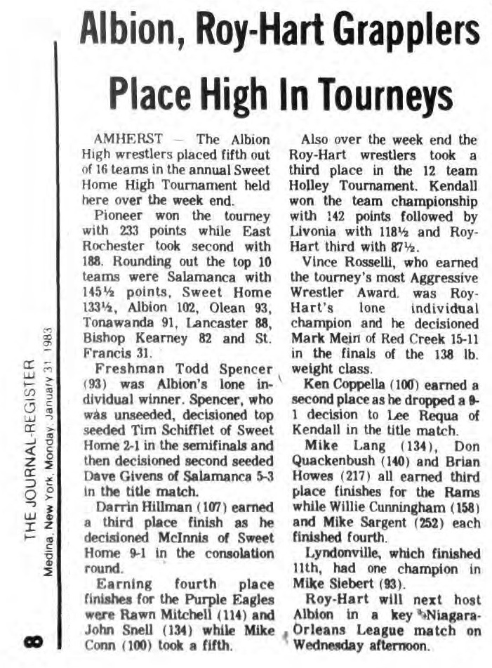 Albion, Roy-Hart Grapplers Place High In Tourneys