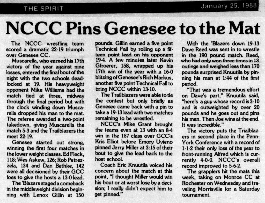 NCCC Pins Genesee to the Mat
