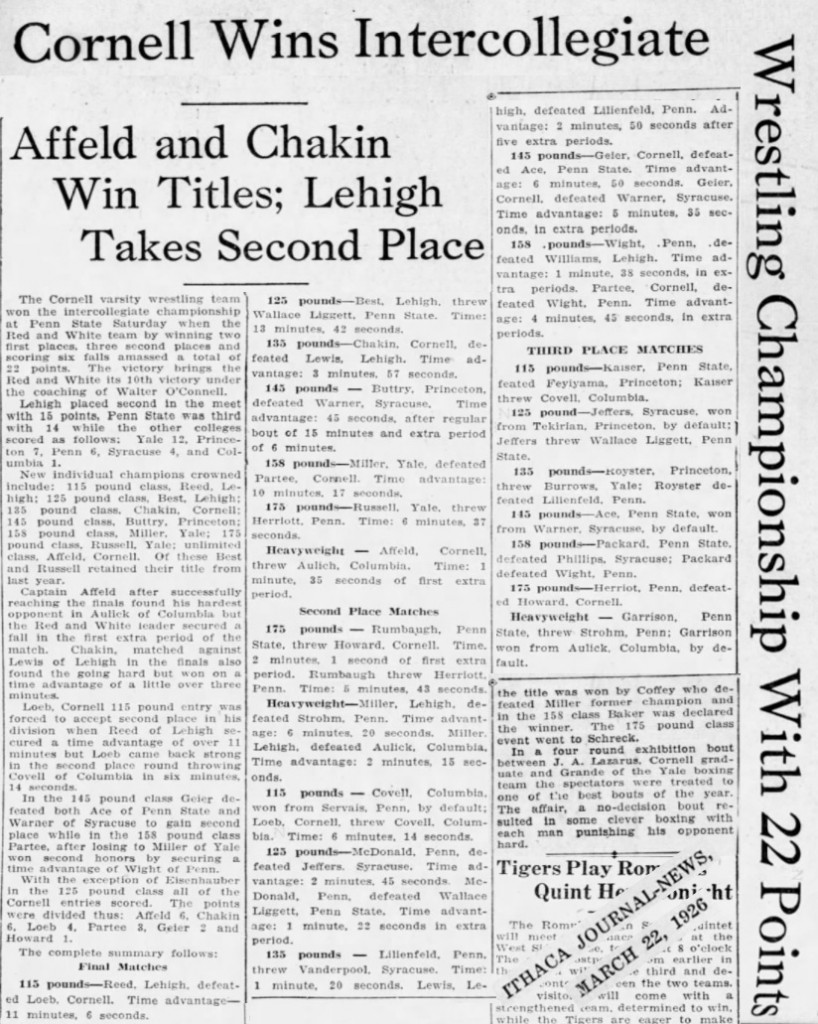 Cornell Wins Intercollegiate Wrestling Championship With 22 Points