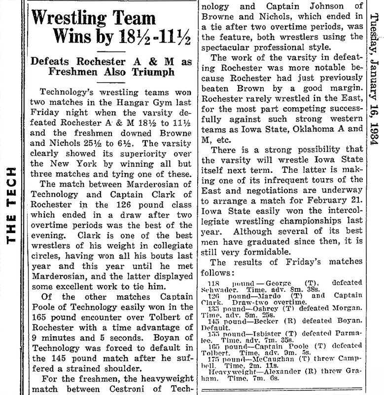 MIT Wrestling Team Wins by 18-1/2 - 11-1/2