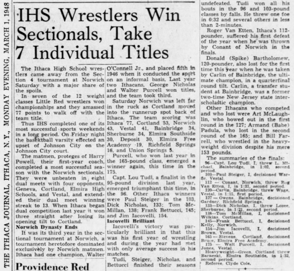 Ithaca Wrestlers Win Sectionals, Take 7 Individual Honors