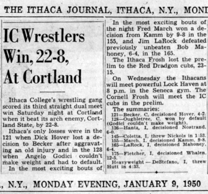 IC Wrestlers Win, 22-8, At Cortland