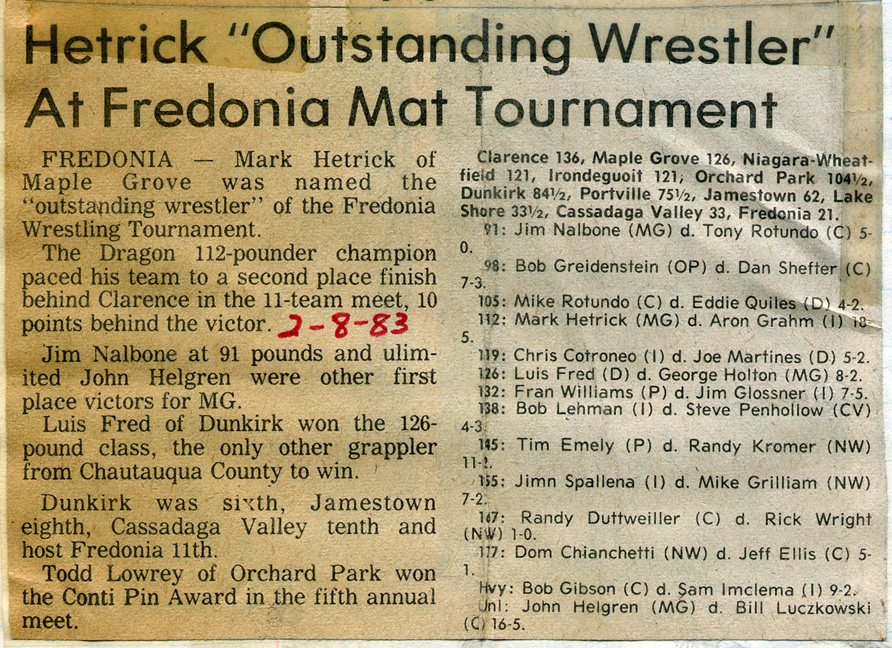 Hetrick Outstanding Wrestler at Fredonia Mat Tournament