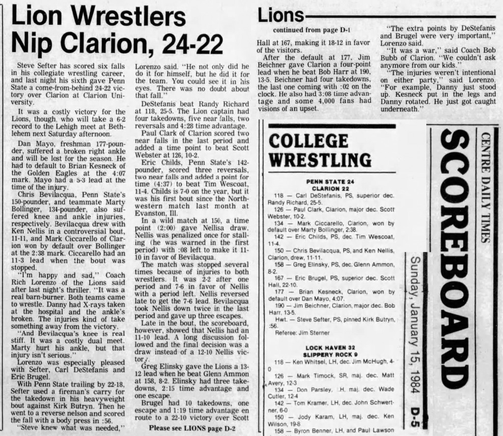Lion Wrestlers Nip Clarion, 24-22