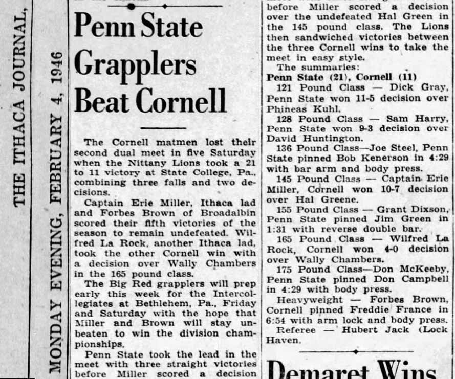 Penn State Grapplers Beat Cornell