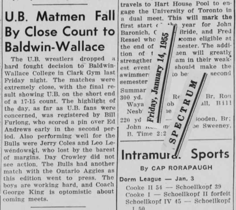 U.B. Matmen Fall by Close Count to Baldwin-Wallace