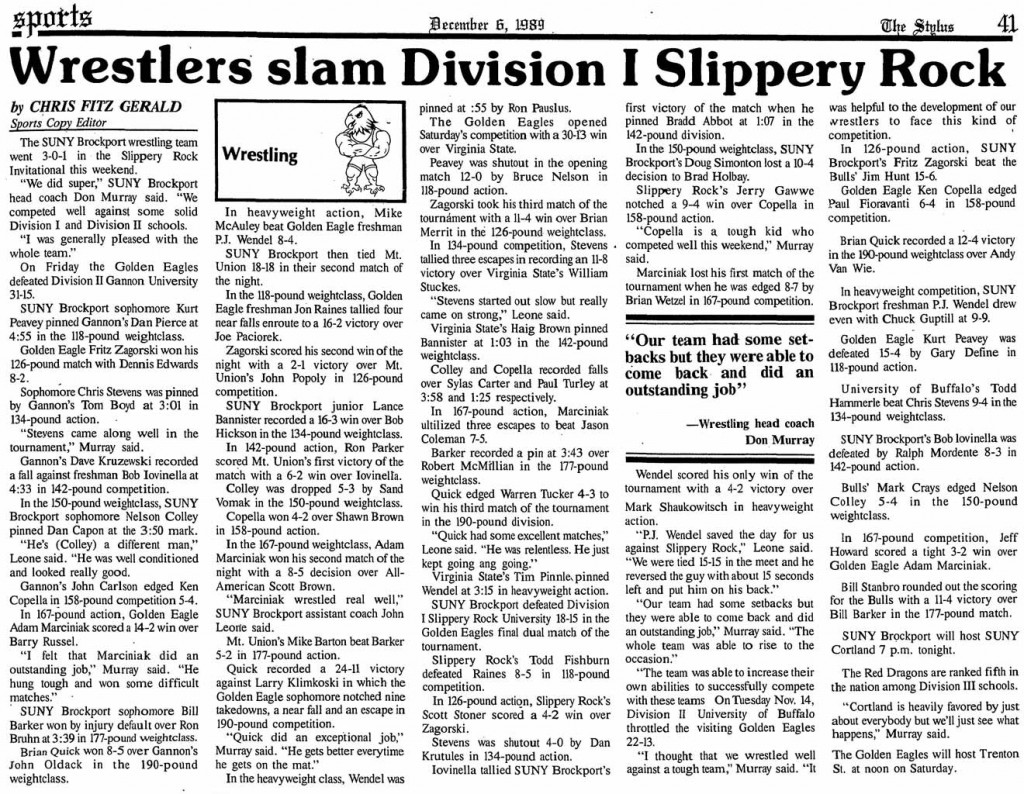 Brockport wrestlers slam Division I Slippery Rock