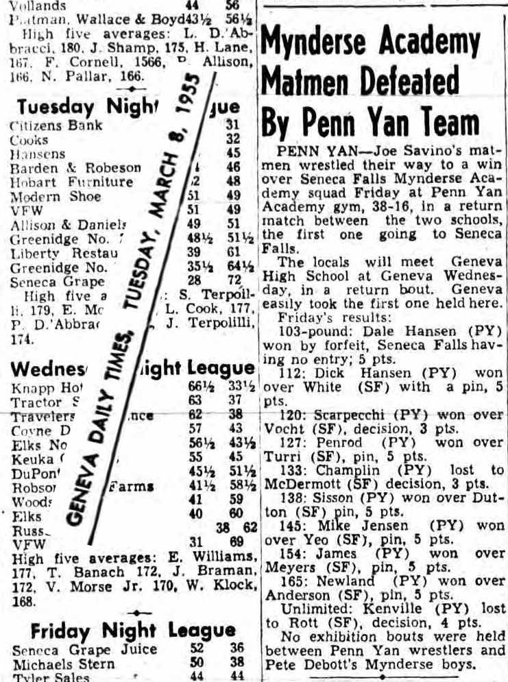 Mynderse Academy Matmen Defeated By Penn Yan Team