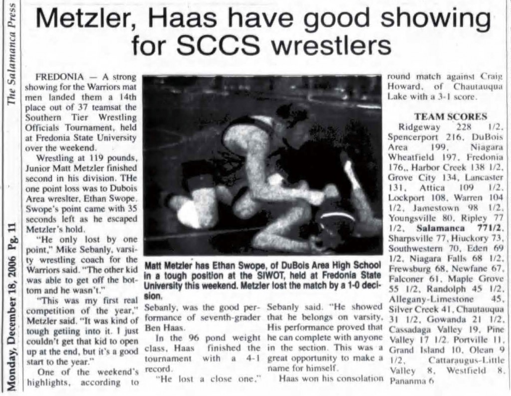 Metzler, Haas have good showing for Salamanca wrestlers